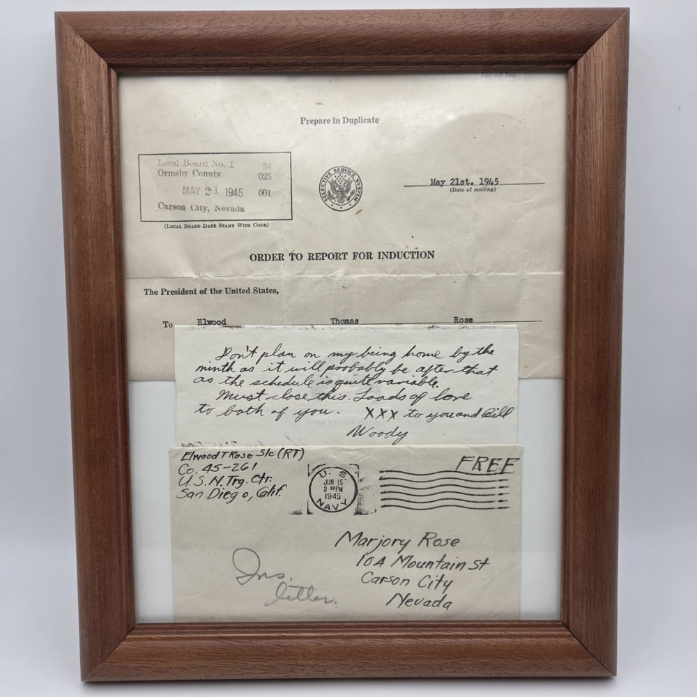 WW2 Order To Report For Induction With Letter To Wife 1945 Framed